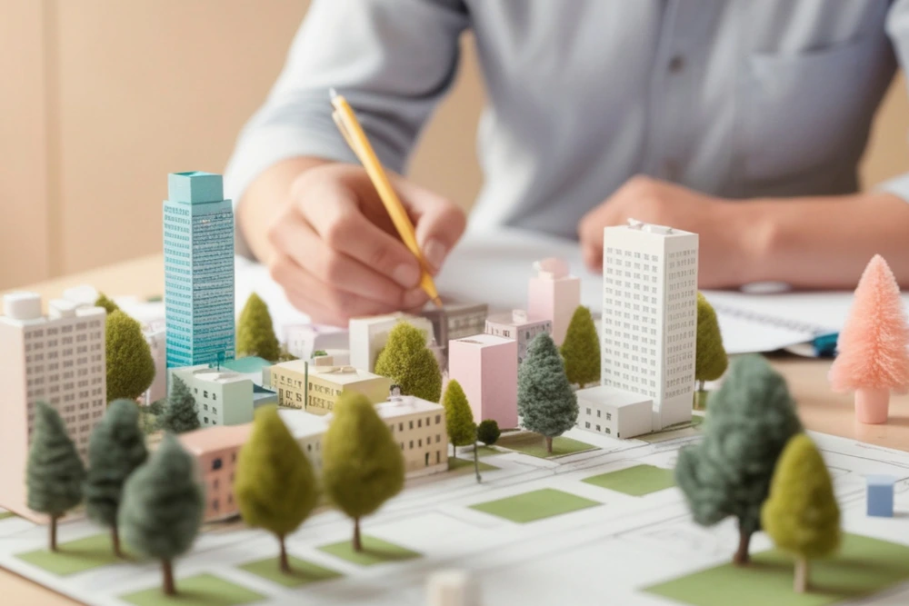 Someone sketching beside a model of a green city