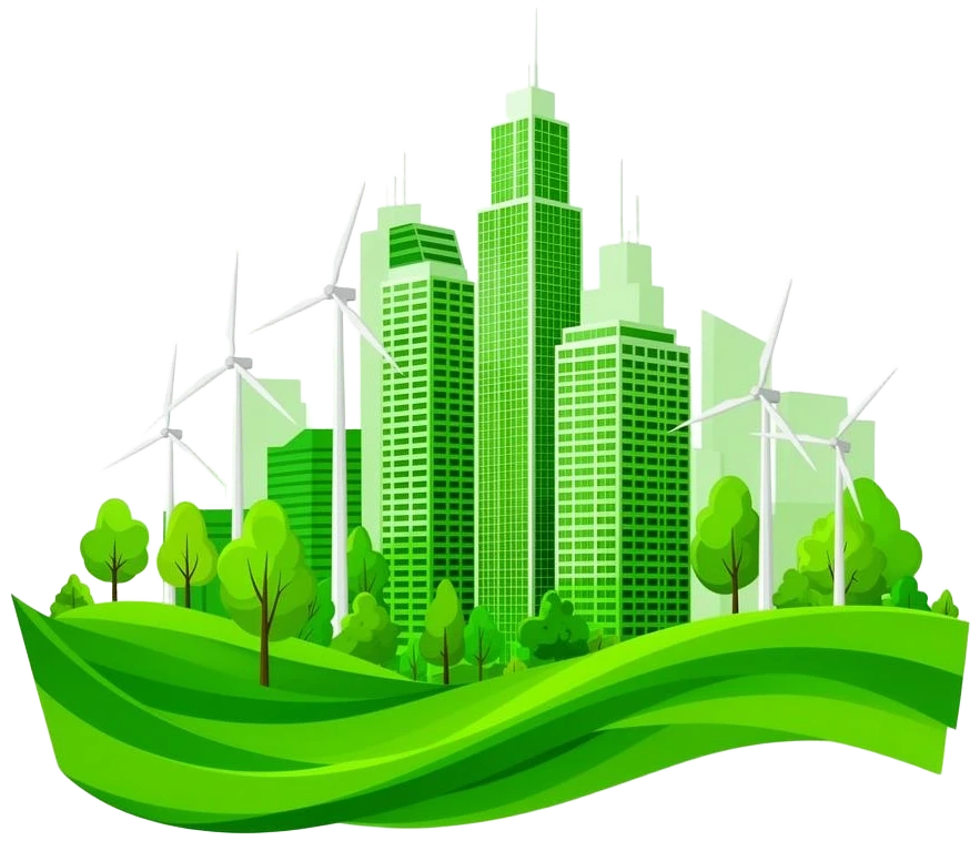 Illustration of green towers, trees and wind turbines