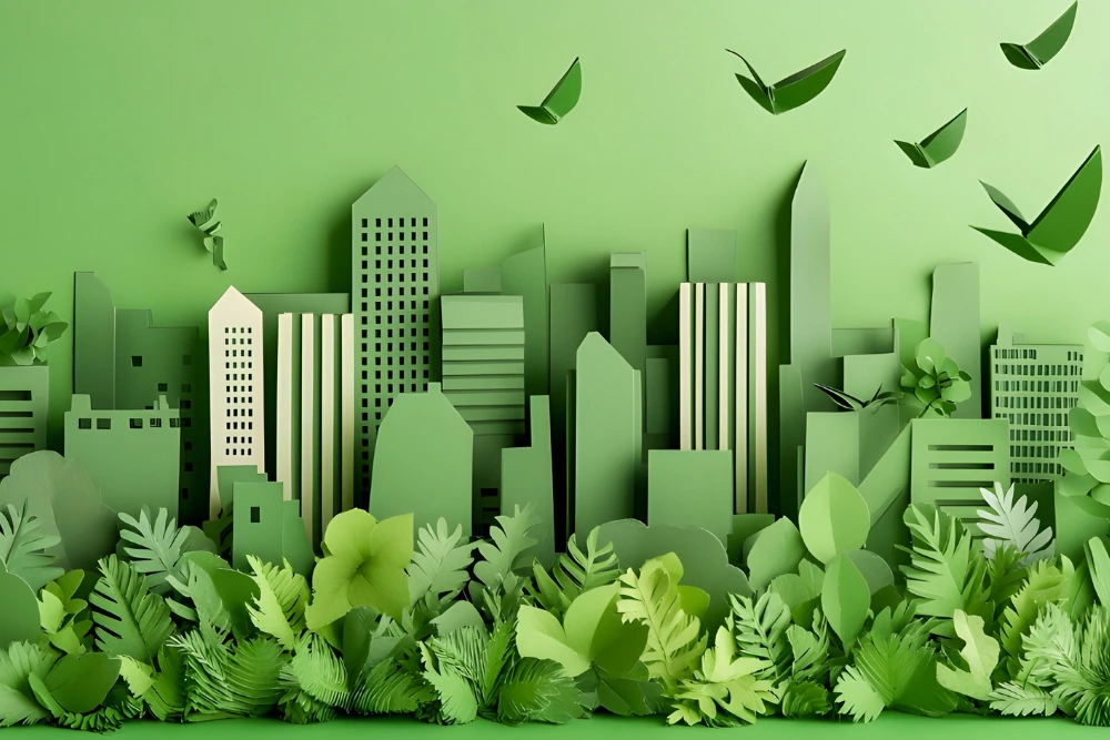 Paper-craft city of green buildings and leaves